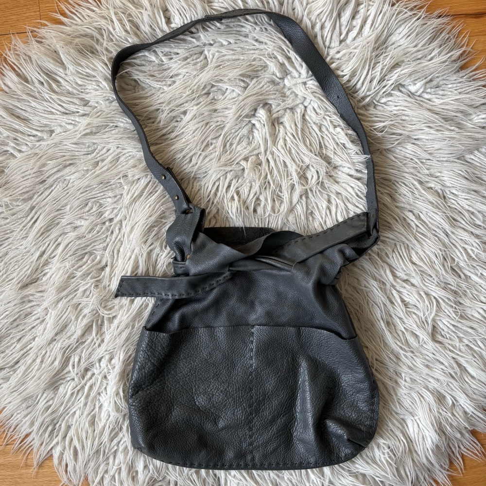 Stitch and Tickle Handmade Dark Gray Soft Leather Tie Closure Hobo Crossbody Bag